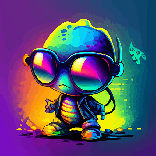 colorful synthwave style very cute baby alien, wearing very big reflective sunglasses, graffiti background, vector
