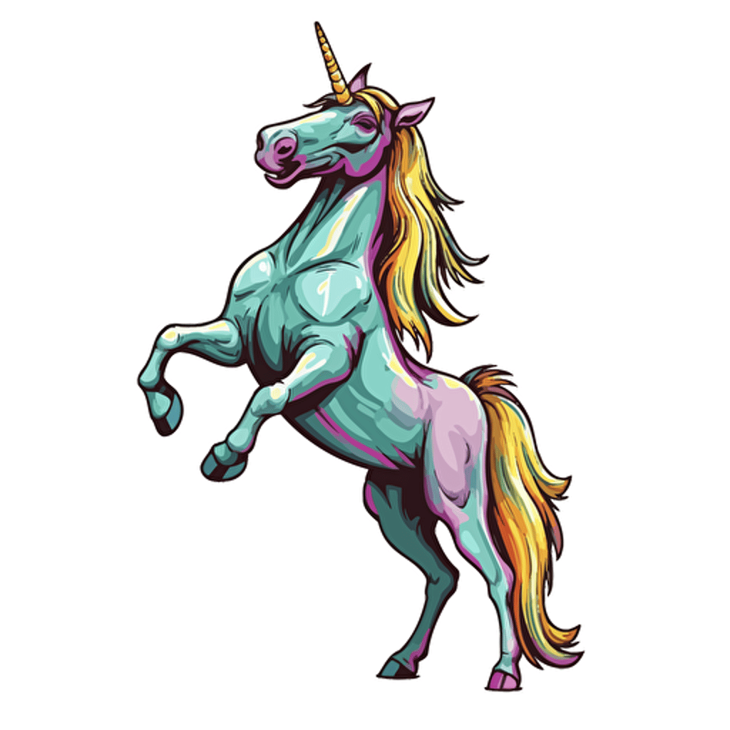 unicorn rearing up on its hind legs, Sticker, Lovely, Tertiary Color, Pixar, Contour, Vector, White Background, Detailed