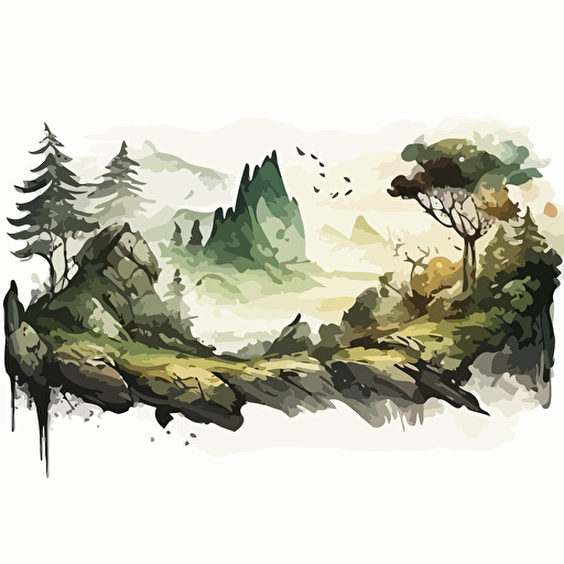 panoramic view, mountainous area, covered in primal forests, fantasy landscape, detailed, vector art, watercolors