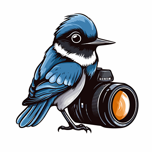 a DSLR camera with a cute apus apus bird perched on top, white background, vector logo, vector image, simple, three color, blue, black, white,