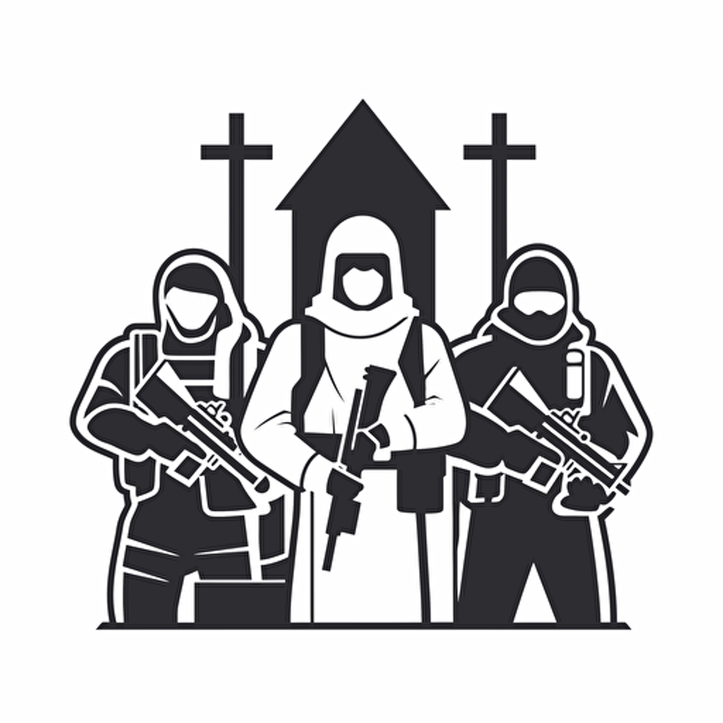 2d vector icon. holy hunters with assault rifles searching for glory. minimalistic. white background
