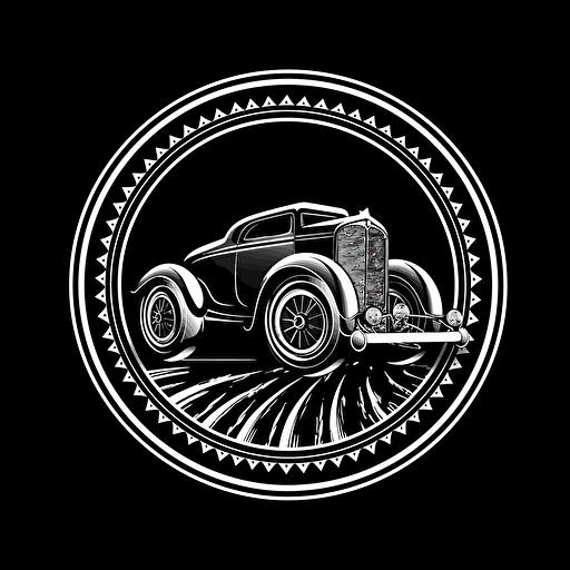 a band logo with drag racing cars, white on black, clean sinple vector, circle sticker design
