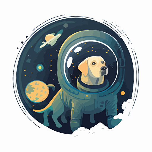 Vector illustration of Labrador in spacesuits, the dog wearing a transparent sphere on his head, a dog in a spacesuit is also floating near spaceship , The background includes stars and spacecraft in space,This design conveys the mysterious and fascinating world of outer space while also incorporating the cuteness of a dog, resulting in a unique and captivating design, no flame