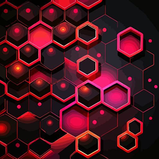 red and pink hexgon tech vector patterns on a black background floating from bottom left to top right corner