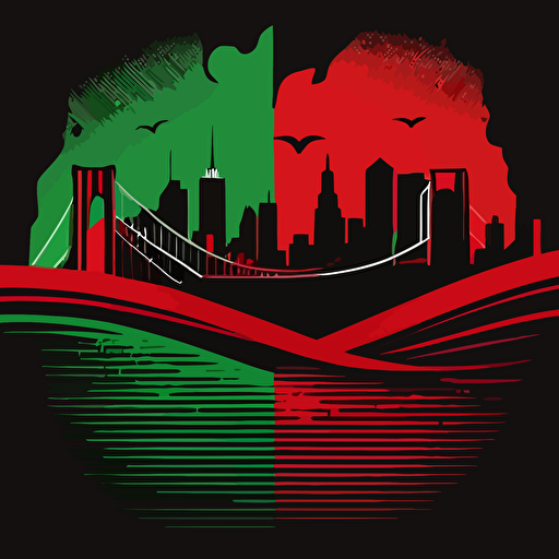 new york city skyline with brooklyn bridge in a tribe called quest cover style, red and green on black background, vector illustrated, flat design
