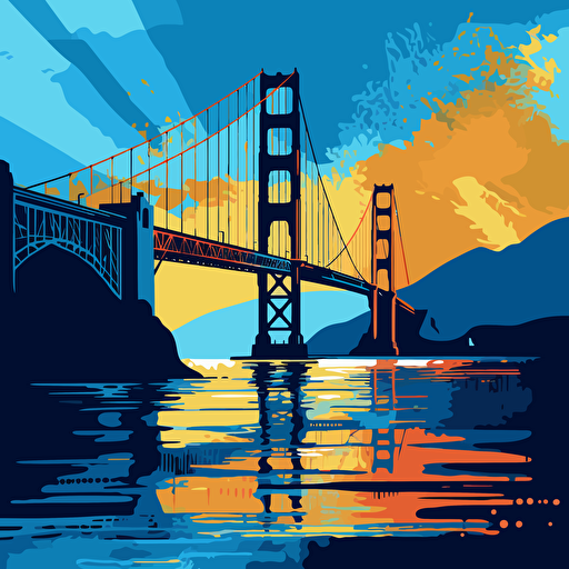 vector art colorful, playful and cartoony, san francisco golden gate bridge, 2 colors, blue shadows , 2d, contrasty shadows, silhouette