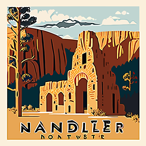 vector image clean bright WPA style national park art poster of Bandelier national monument in New Mexico