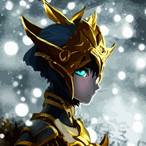 focus face portrait beautiful darkness knight 3d anime girl posing golden armor wearing dark forest background snowing bokeh inspired masami kurumada digital painting high contrast unreal engine render volumetric lighting high détail