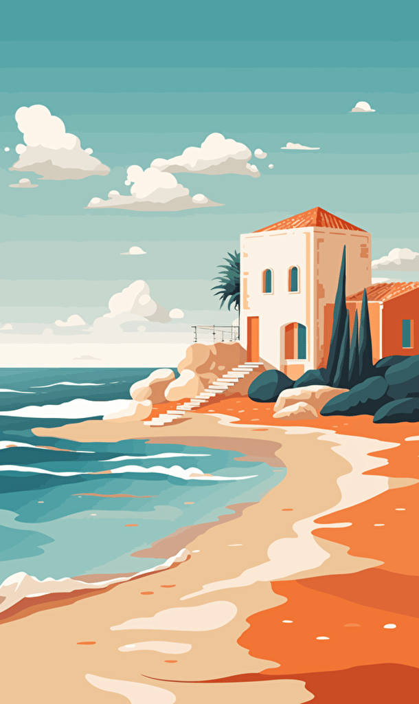 greek building on the beach, sea, ocean, sand, sky, blue and orange, simple vector art style