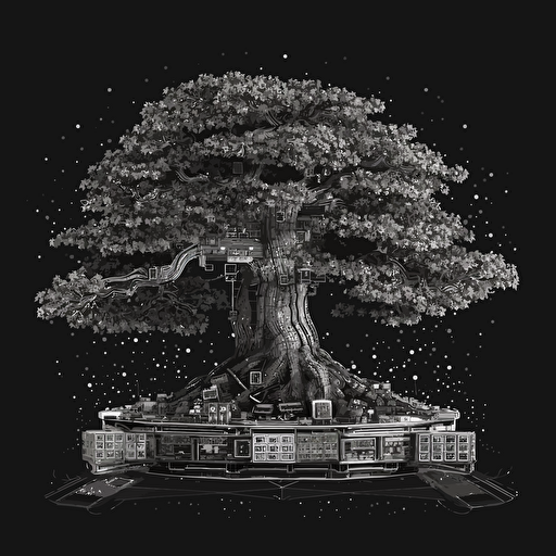 bonsai tree entirely made out of circuit board traces & pads, vector line illustration, black & white