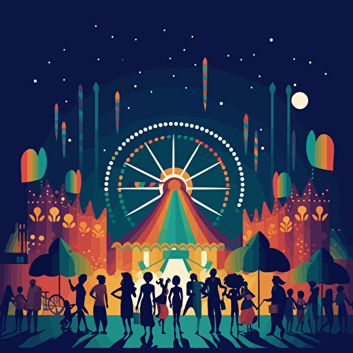 very simple vector illustration of a carnival at night with people, only a few colors