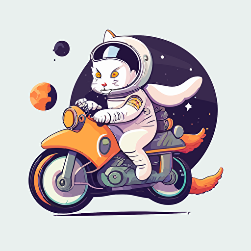 Astronaut cat riding a bike, simple cartoon style, vector art, illustration, white background