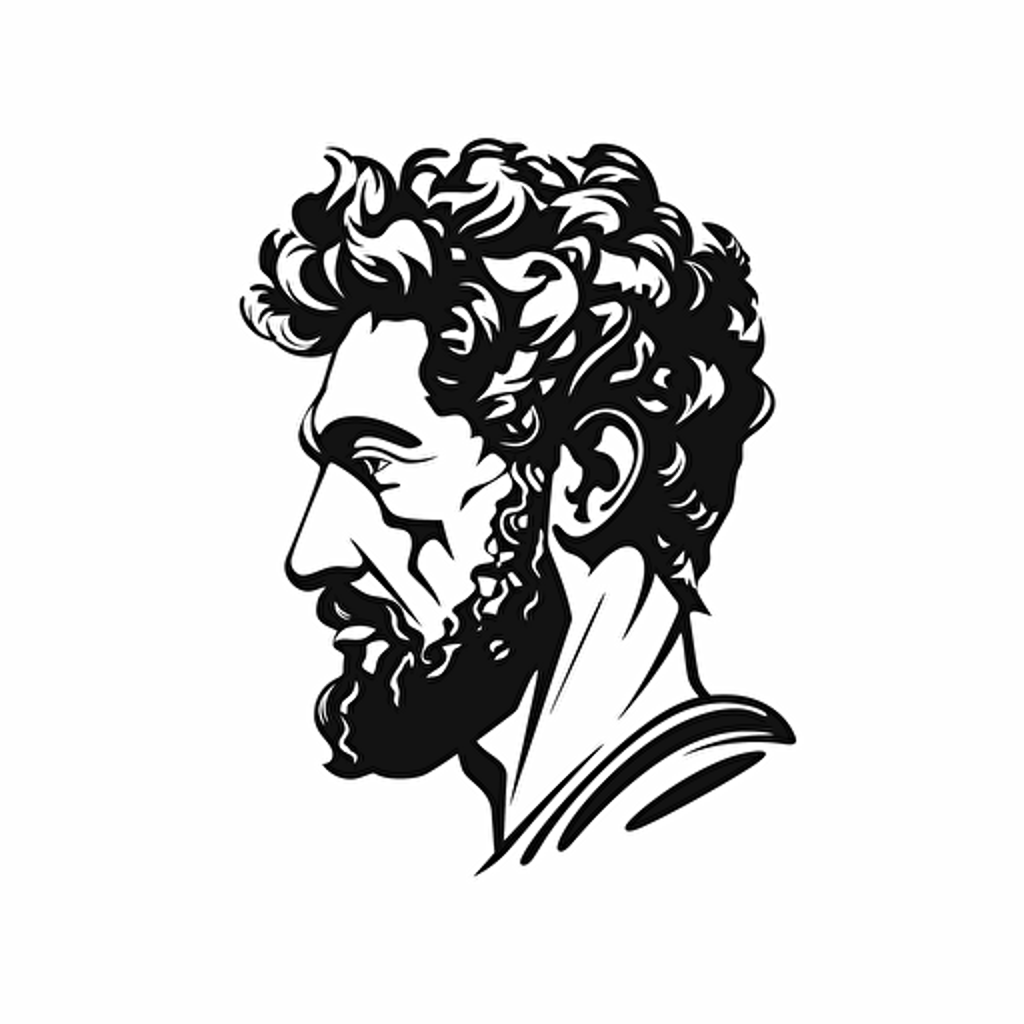 Marcus Aurelius illustration, minimal, outline strokes only, black and white, logo, vector, minimallistic, white background