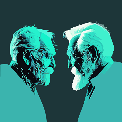 2 elder, Confrontational, Cool & Cocky, blue color, green background, simple design, vector style, white outline over silhouette
