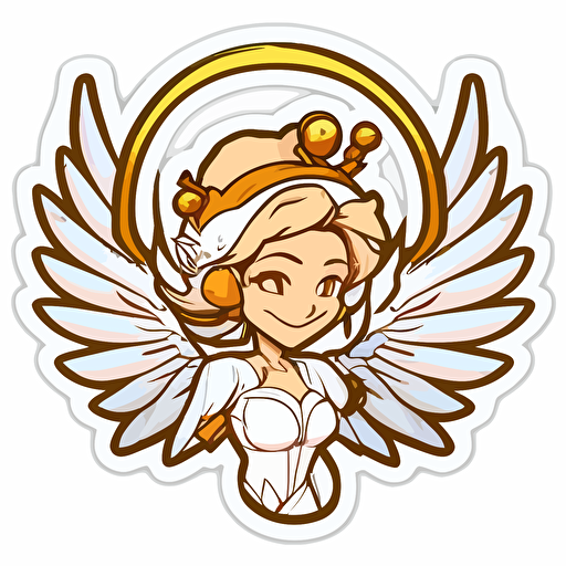 sticker, Happy Mercy from the video game Overwatch, weilding her staff and a halo over her head, kawaii, contour, vector, white background