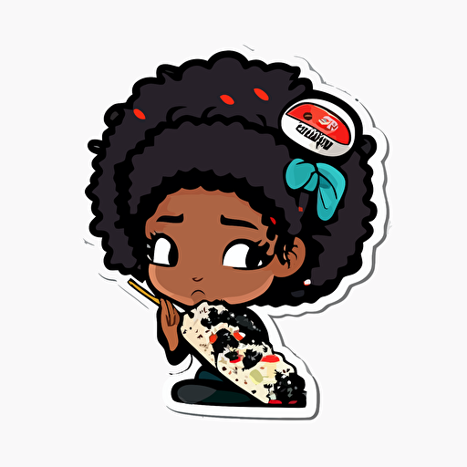 cute young black girl with natural hair eating sushi sticker art, vector, cut sticker