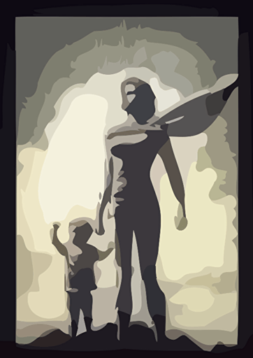 Confident and strong mother in a superhero pose, standing tall, simplistic vector art illustration in black and white, solid blocks of color, perfect for a Mother's Day card