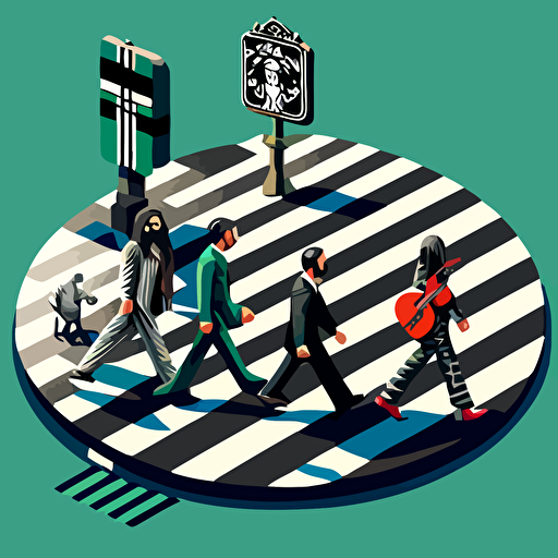 Influenced by the iconic Beatles' "Abbey Road" album cover, create a vector illustration of Satoshi Nakamoto and three other prominent figures from the world of cryptocurrencies crossing a zebra-striped crosswalk. Set the scene on a sunny day in a busy city.