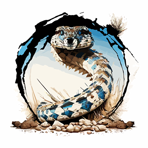 vector art of a coiled diamondback rattlesnake showing its tail ready to strike terrifying snake, white blue harsh contrast lighting circle frame white background