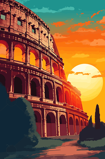 colosseum, illustration, painting, bright lighting, sun in sky, front view, flat,vector
