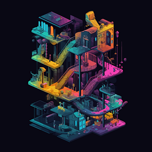 black multilevel building, cutaway view, many iridescent staircases, isometric, vector shapes, magical