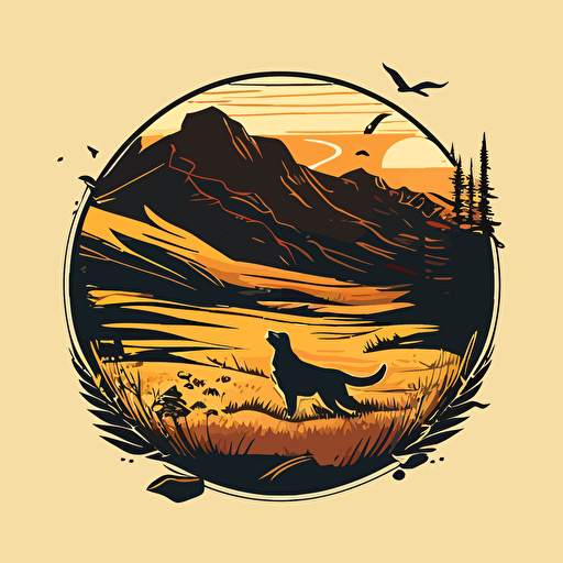 A_coin_emblem_logo_for_a_Dog running in a field:: mountains in the background, code style, color, vector