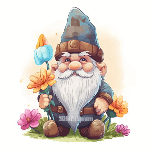 cute gnome, tribal, flowers, detailed, cartoon style, 2d watercolor clipart vector, creative and imaginative, hd, white background