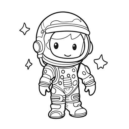 cute astronaut to the Ghibli,pixar style, simple outline and shapes, coloring page black and white comic book flat vector, white backgroun