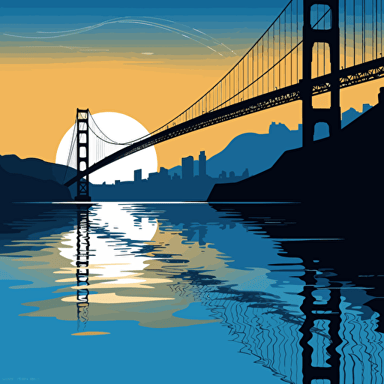 vector art colorful, playful and cartoony, san francisco golden gate bridge, 2 colors, blue shadows , 2d, contrasty shadows, silhouette
