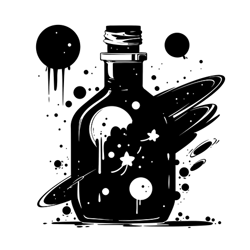 black and white logo, vector design, design, logo, business design, image of a spilled bottle of ink that looks like space and the ink turns into planets and stars, vector