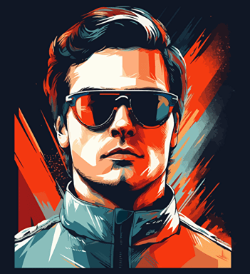 abstract vector illustration the handsome, driver of a formula one race car in full uniform and sunglasses, in the style of furaffinity, charismatic