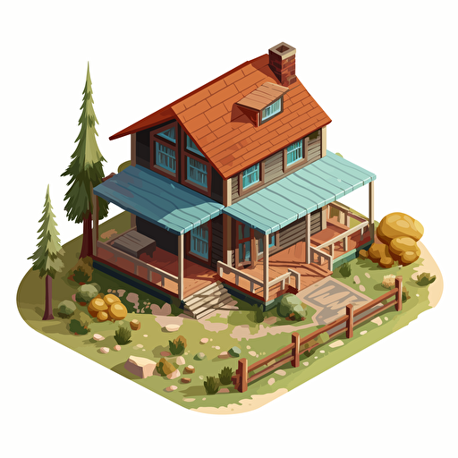 Cartoon vector style simple wooden hut, house of park ranger, isometric view, transparent background