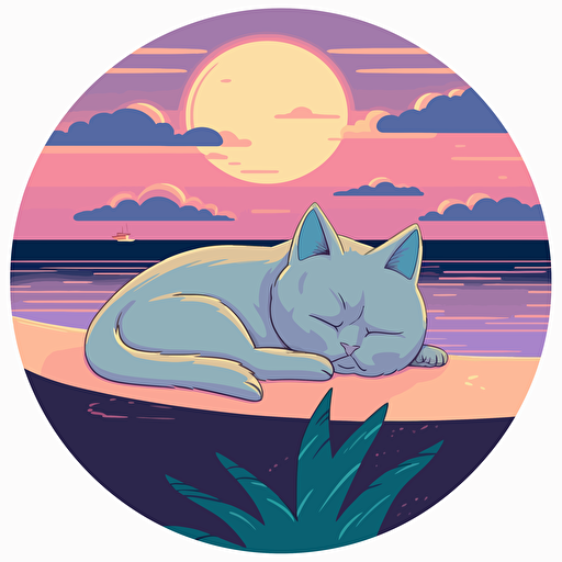 pastel neon anime style cat napping at the beach, inspired by studio ghibli, simple design, 2d, vectors. Design in circle with transparent backround
