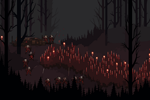 Dark fantasy retro cover art of medieval troops with torches surrounded by red glowing eyes in the dark, close up view of the troops, worried facial expressions, spiderwebs, horror, diablo, gloomy, atmospheric, fog, dark pinetrees, retro game, vector style, pixel art.
