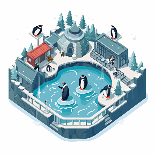 isometric cartoon vector style image of an icy zoo penguin enclosure