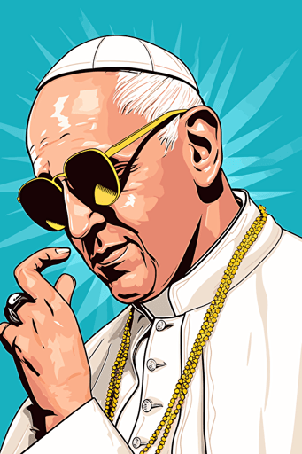 pope francis, wearing a white stylish gen z popstar suit, 80s comic style vector poster