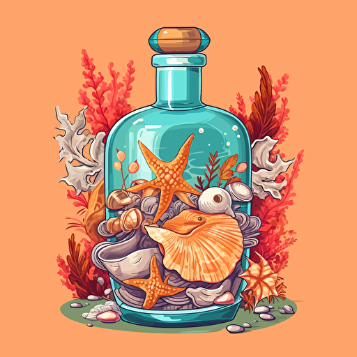 an open bottle of rum with shells and corals, cartoon, vector style