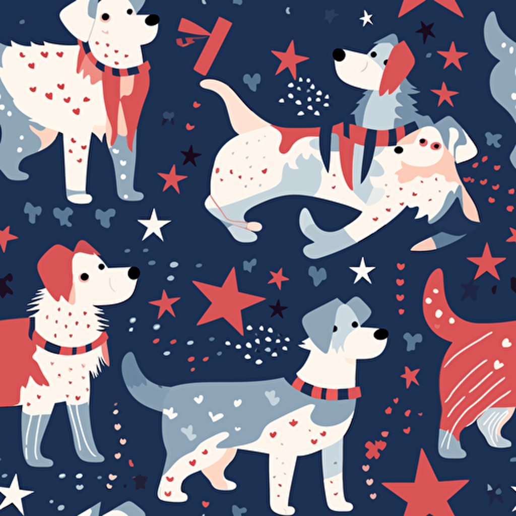 cute vector illustration of two dogs having fun, USA Flag Colors, 4th of July Theme