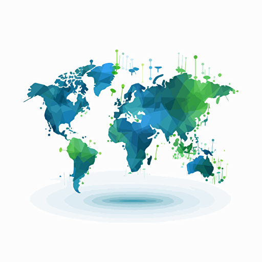Blue and green world map, trust, reliability, loyalty, growth, harmony, nature, vectorized, illustrator, flat, 2d, white background