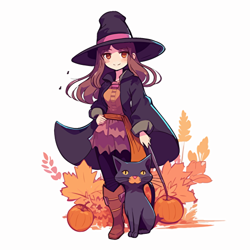 An 2D illustration of a cute witch wear a witch hat and modern clothes, holding a cat, magic color, flower in back. comic book style, crisp clean vector