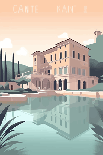 flat vector art, Cote d'azur, Kenneth Crane illustration | travel poster featuring | thermal springs of Saturnia | Pastel light sky blue, pale grey, and camel | Wide angle