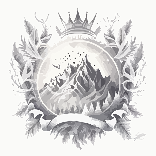 fantasy crest of a large wintry kingdom surrounded by mountains, pencil art, logo, vector, white background