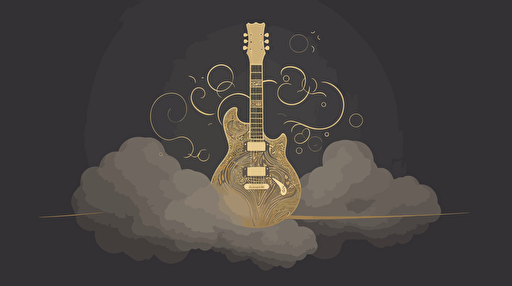 logo, minimalist, vectorized, abstract, gold, brass and grey colors, print layer , delicacy, elegant, magic, ethereal, rock guitar forming one big cloud ,