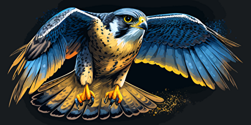 flying falcon, front view, looking into camera, moving towards, wingspan, blue and yellow colors, hand draw vector style