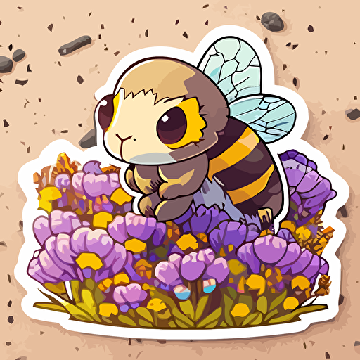 vector sticker design, cute cartoon kawaii style brown and yellow honey bee in a field of purple wildflowers