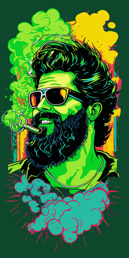 happy man with sunglasses et a beard smoking sativa thc cloud vape, green background vibrant color vector style pop art style::