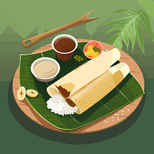 Flat Vector Illustration of a South Indian Dosa and Chutney on Banana Leaf. Mood is Elegant Table setting, Style of Malika Favre. Use only 3 Colours. Strong Light and Shadow. Style of Maite Franchi. Pastel Colours