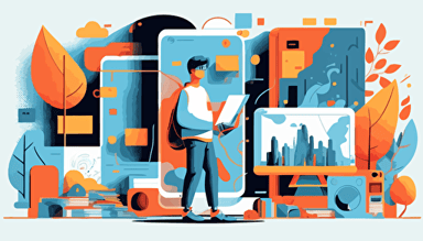 A student and the various new technologies available to learn, editorial illustration, minimal art style, flat, 2D vector style, vibrant colors, blue palette, modern art