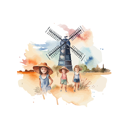 Australian kids vector logo, windmill, water colour, white background, outback theme, square background