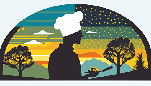 flat modern style illustration, half body silhouette of a baker, inside of silhouette of baker positive calm nature view with blue and yellow and green colors, calm on background, 2d vector